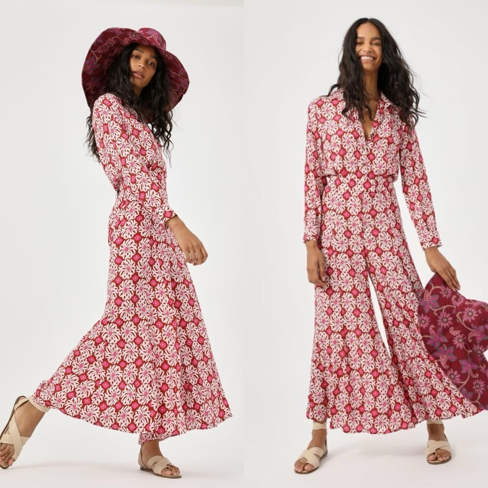 Anthropologie Red and White Floral Jumpsuit